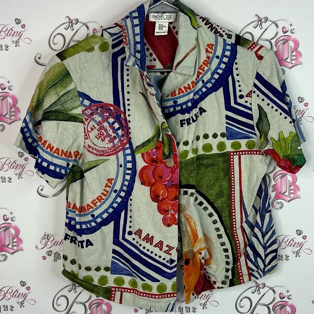 Rachel Zoe button up stamp style travel fruit food Multicolor Graphic Shirt